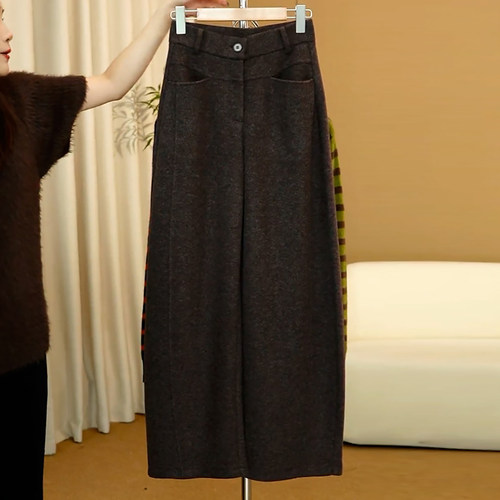 Ader加厚保暖羊毛弯刀裤2025冬季新款气质简约百搭显瘦阔腿休闲裤 - 图1