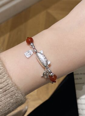 S925纯银可爱法棍猫咪红绳手链女