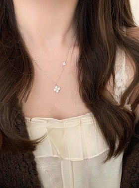 S925纯银四叶草莫桑钻锁骨链女