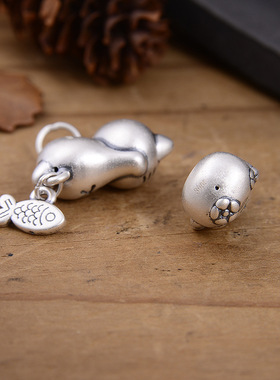 S999足银猫吃鱼小吉猫吊坠挂件
