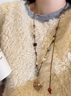 手工串珠编织毛衣链小马吊坠项链