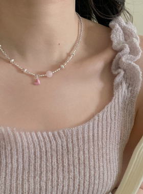 透明水晶米粒粉色滴釉爱心项链