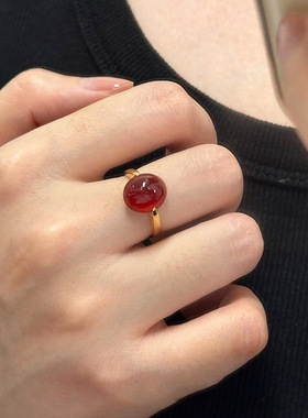 复古红色圆蛋面戒指小众