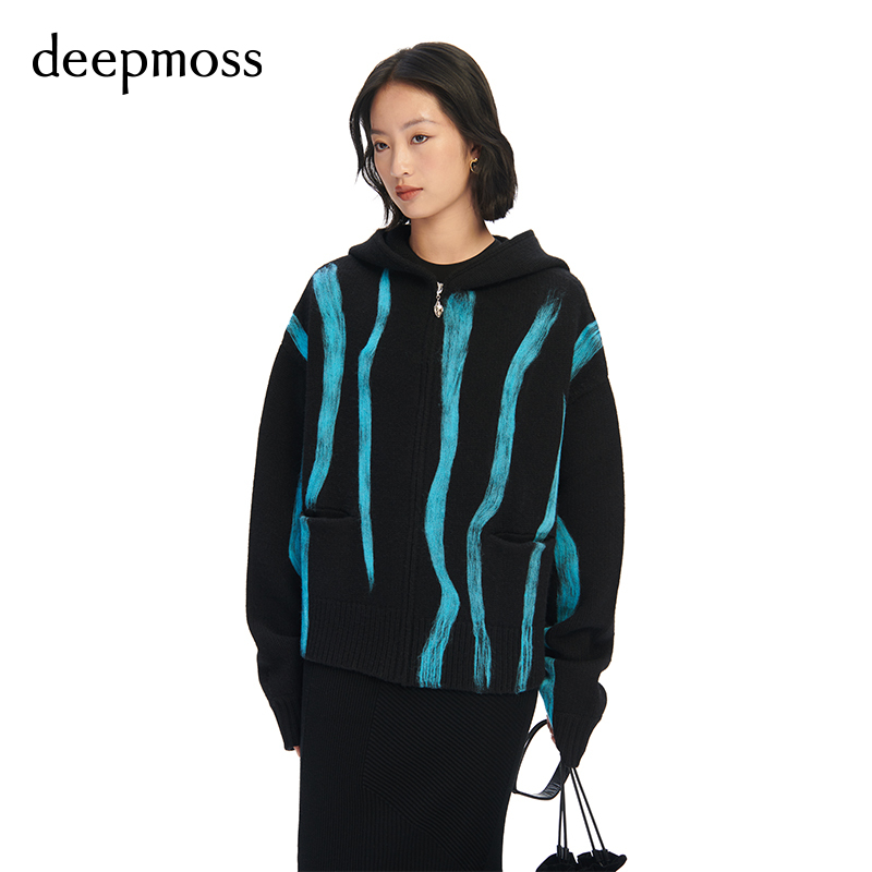 【deepmoss】冬季女装复古潮流时尚毛毡羊毛针织连帽开衫毛衣外套