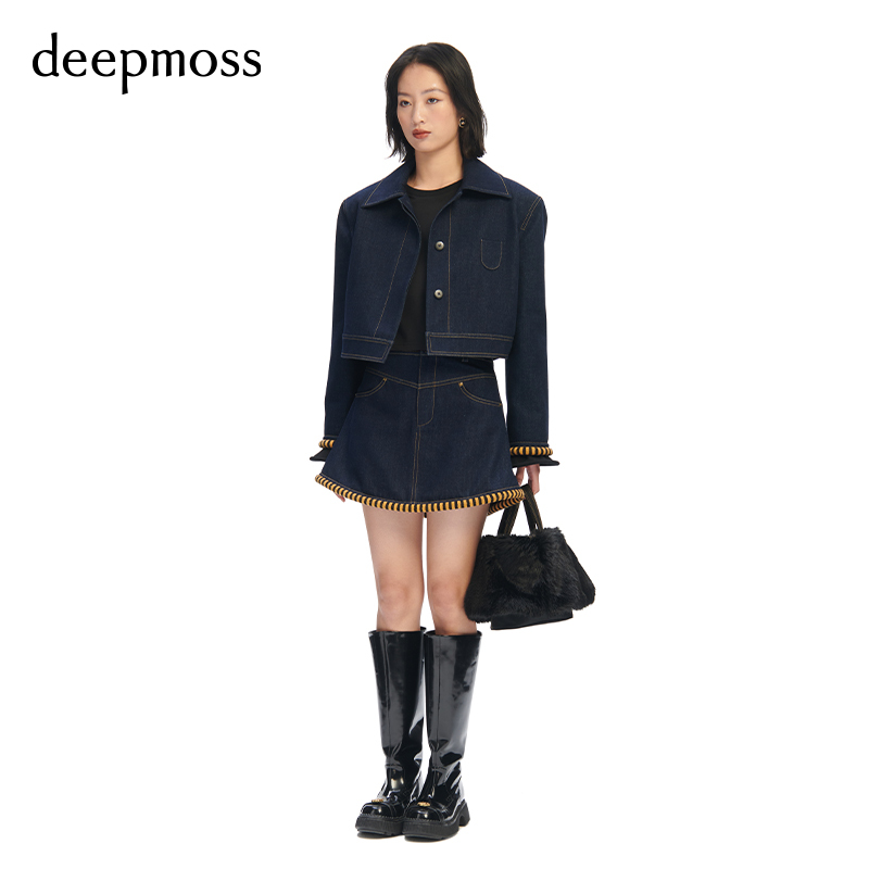 正品【deepmoss】2023秋季新款女装时尚休闲条纹包边牛仔短裙A字 - 图1