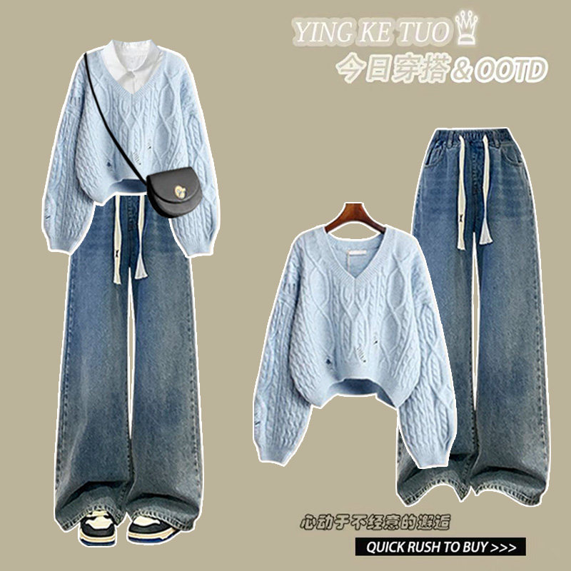 早秋简约风百搭设计感破洞V领女毛衣搭配抽绳松紧宽松显瘦牛仔裤,淘宝优惠券,粉丝福利购,淘宝优惠卷