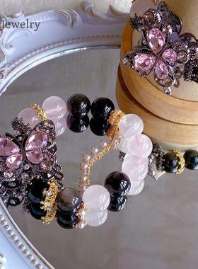 原创设计脱单黑曜石粉水晶手链