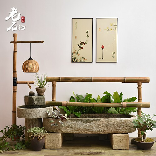 石器流水木架室内景观阳台水景庭院布景石槽组合鱼缸水池石磨摆件 - 图1