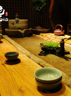 老石器茶海生态流水植物茶室石磨
