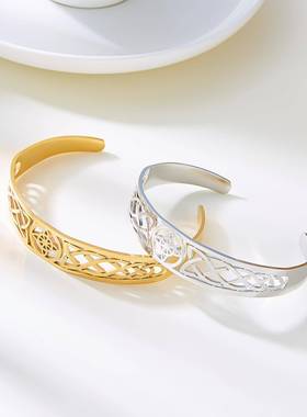 不锈钢爱尔兰凯尔特结镂空手镯女个性潮流开口不褪色手环