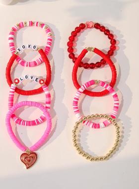 新款情人节手链滴油爱心吊坠手链套装粉红色软陶字母串珠手串