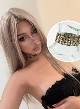 PunkFK豹纹毛毛铆钉宽版皮颈环choker项链项圈视觉系暗黑先锋街头