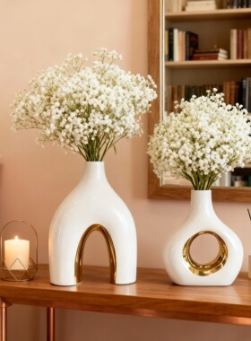 现代简约白陶瓷金边花瓶摆件
