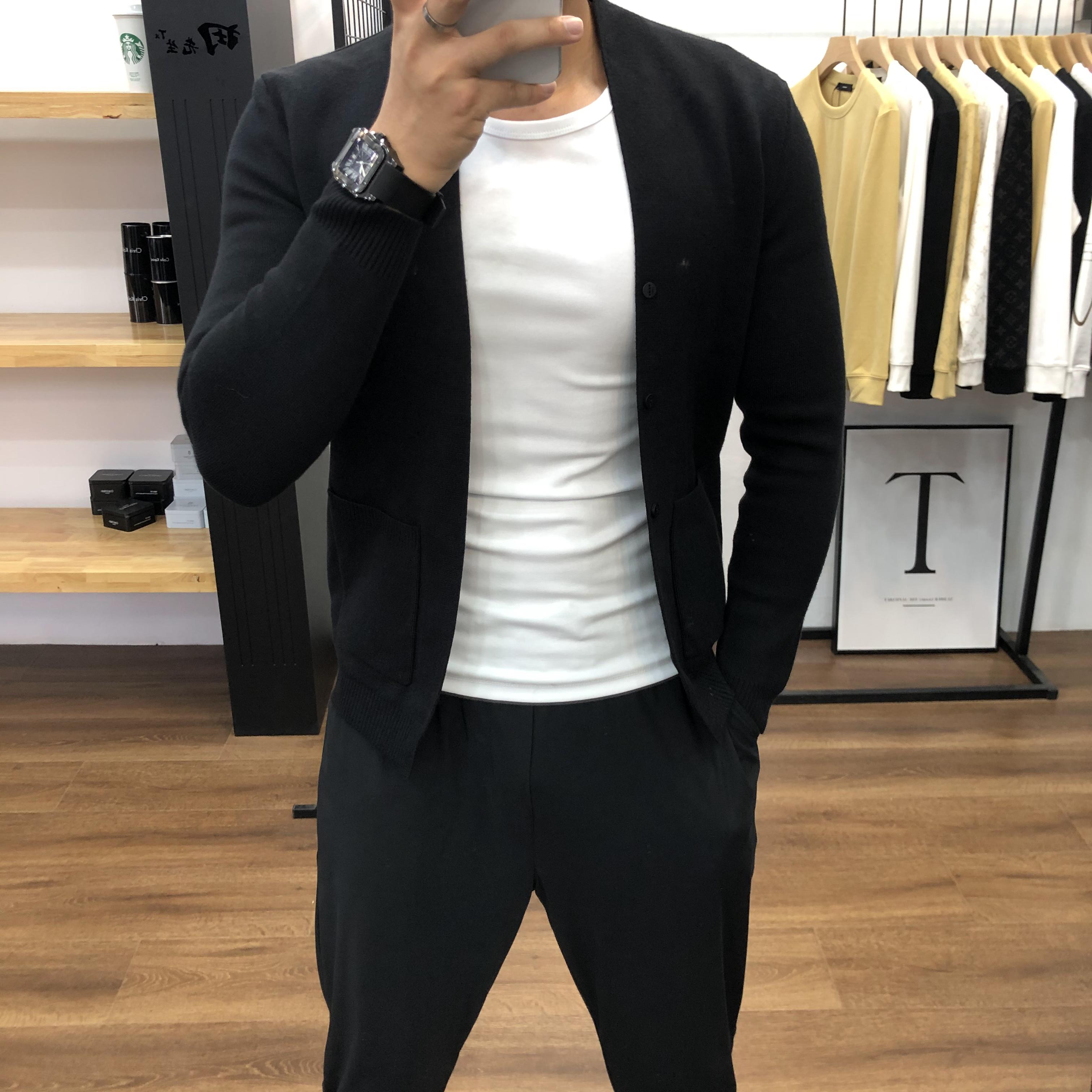 2025年春秋商务休闲男士开衫外套线衣时尚百搭修身男潮流黑色毛衣 - 图0