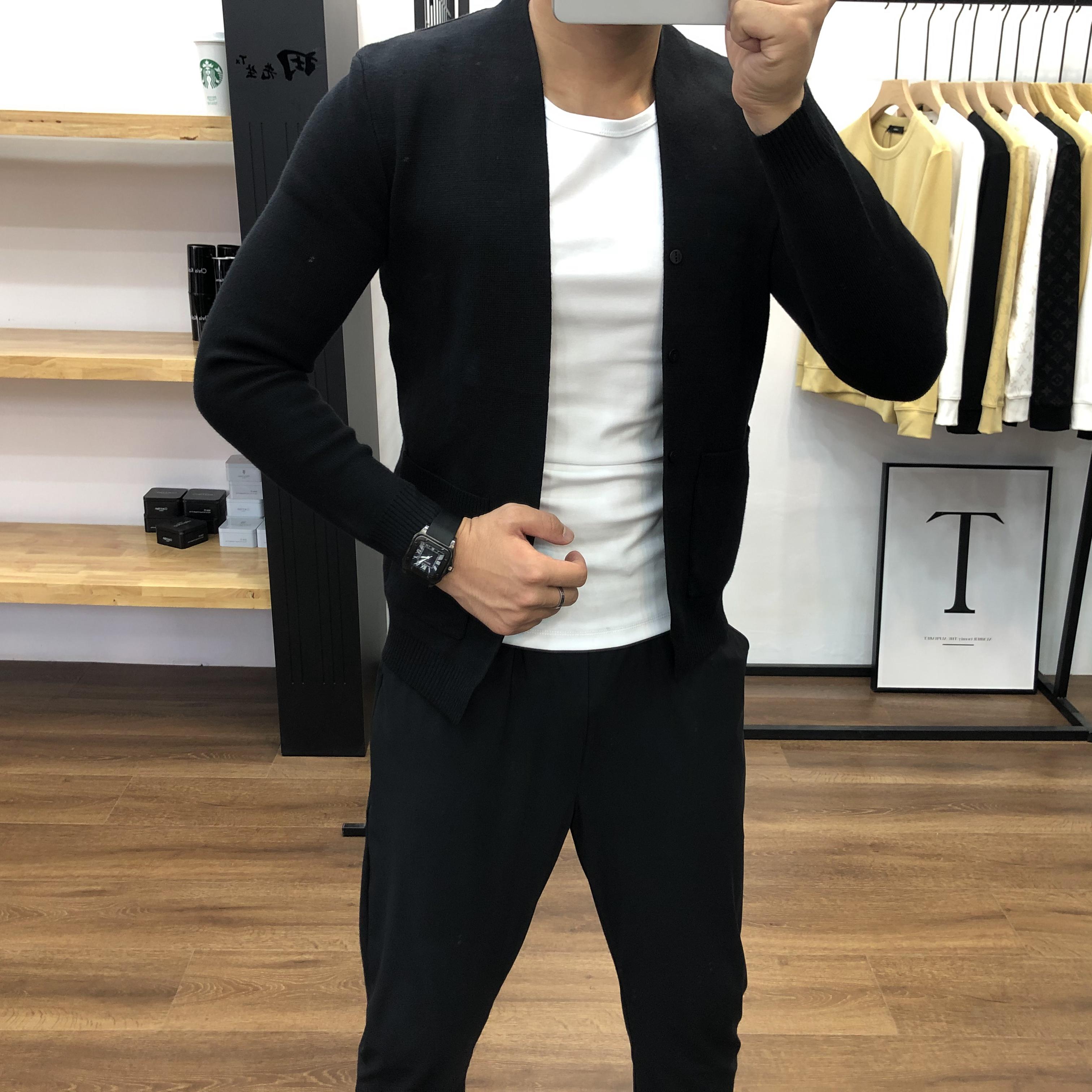 2025年春秋商务休闲男士开衫外套线衣时尚百搭修身男潮流黑色毛衣 - 图1