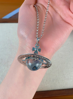 太后大号土星吊坠项链水钻镶嵌立体飞碟长款毛衣链时尚气质项饰