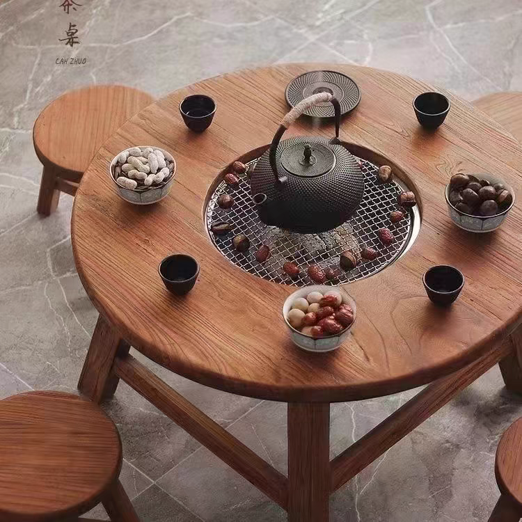 老榆木围炉煮茶烧烤火锅桌实木圆桌复古阳台围炉茶桌,淘宝优惠券,粉丝福利购,淘宝优惠卷
