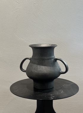 几多黑陶手作双耳花器陶罐摆件高度23CM