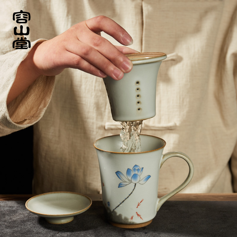 容山堂官窑彩绘办公杯带盖过滤泡茶杯茶水分离陶瓷水杯大号马克杯