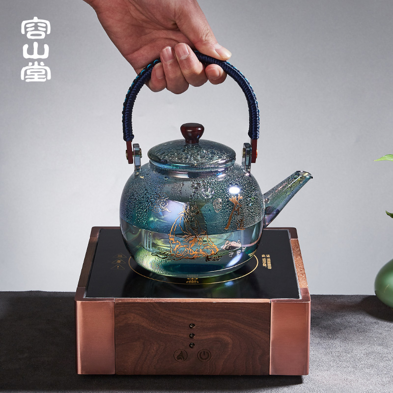 容山堂电器焕彩金银烧玻璃煮茶器煮茶壶蒸茶壶实木电陶炉茶炉套装