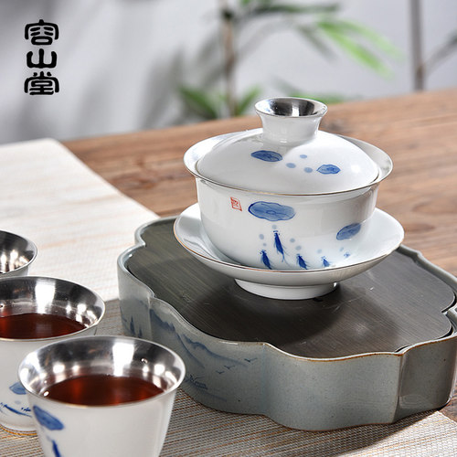 容山堂固德玉瓷鎏银盖碗茶杯大号家用手绘品茗杯茶漏功夫茶具套装 - 图1