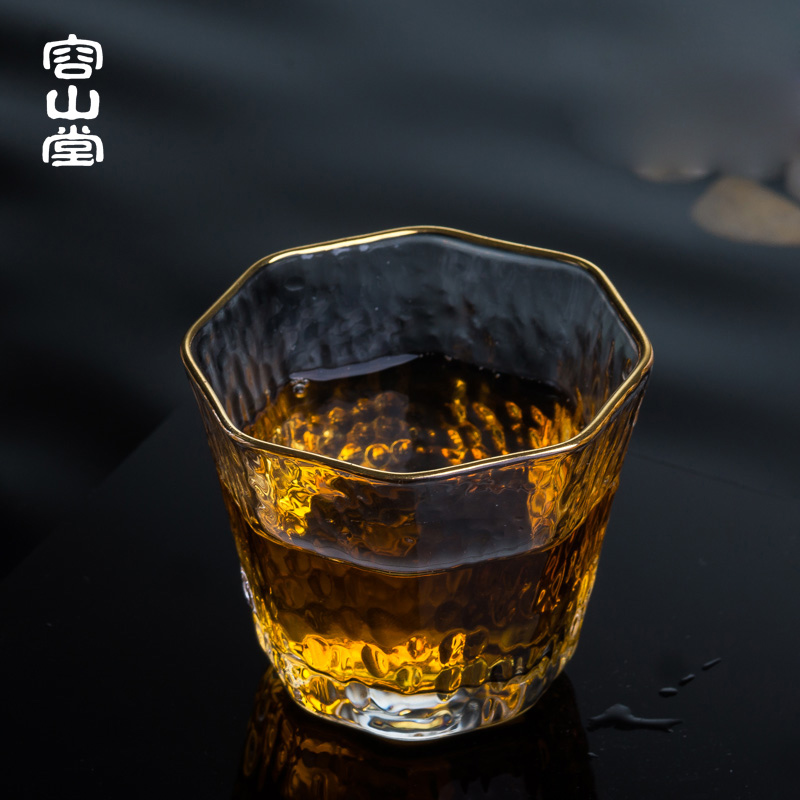 容山堂 描金玻璃茶杯 功夫茶具手工锤目纹耐热透明小品茗杯主人杯