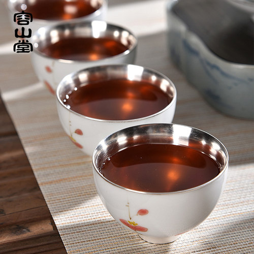 容山堂固德玉瓷鎏银盖碗茶杯大号家用手绘品茗杯茶漏功夫茶具套装 - 图2
