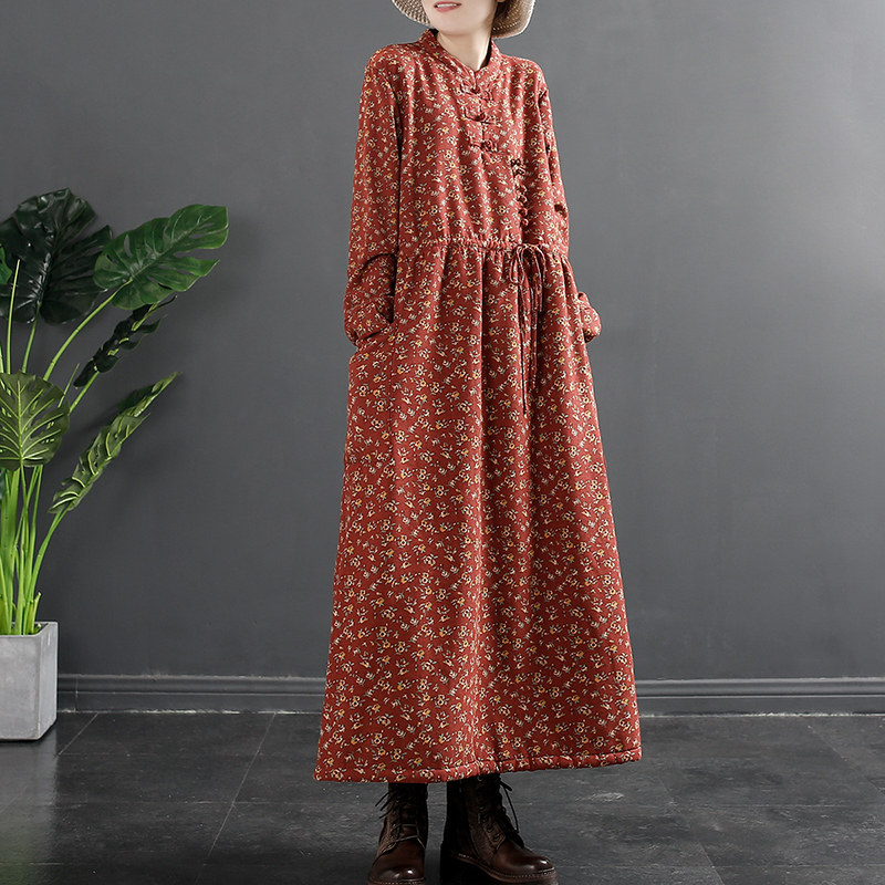 千秋飞燕文艺盘扣碎花加绒连衣裙 千秋飞燕连衣裙