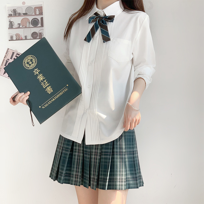 日系jk制服基础款长短袖风琴褶纯色女夏季学院风百搭奶白甜美衬衫