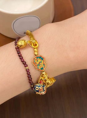 孟加拉赤金手镯首饰古法烧蓝一家三口吞金兽吉言半镯手链爱心气质