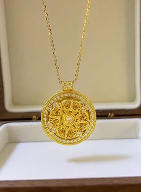 孟加拉赤金首饰古法镶钻转动八宝罗盘吊坠镂空罗盘毛衣链女不掉色