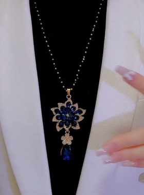 韩薇合金镀金黑水晶大花毛衣链女