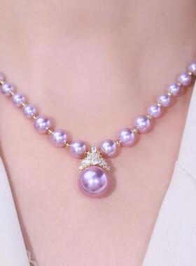 铜合金镶钻紫色珍珠项链毛衣链女