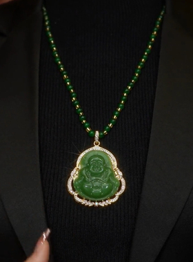 镀金玛瑙弥勒佛项链串珠毛衣链女