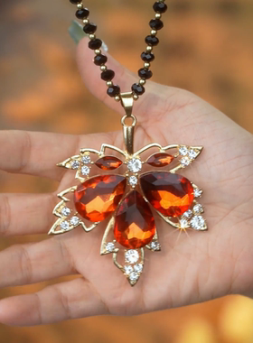 镀金黑水晶红色枫叶项链女毛衣链