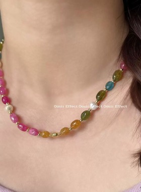 OASIS 水果软糖天然淡水珍珠彩色碧玺春夏串珠项链小众锁骨链颈链
