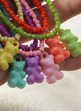 Hip hop Bear candy colored handmade rice bead necklace girl