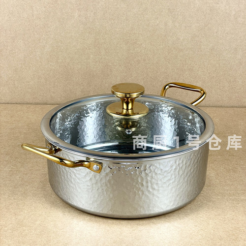 三层钢锤纹深汤锅不锈钢双耳带盖酒店用品批发商用椰子鸡火锅锅具 - 图0