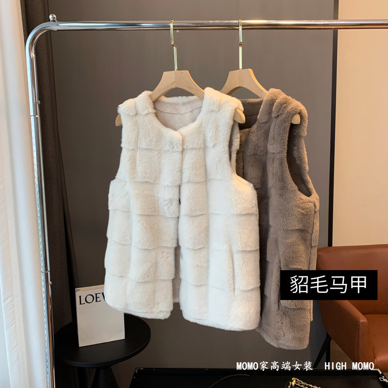 欧货丹麦貂毛混纺名媛显瘦皮草毛毛背心马甲外套上衣女装2023秋冬