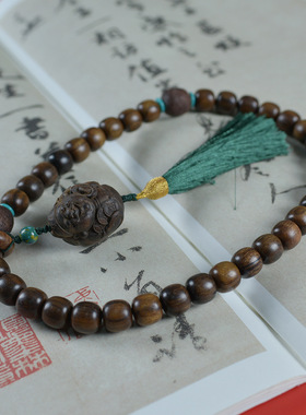 天然沉贵宝香木老型珠双圈手持手