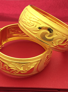 2026金店薄款镀黄金色龙凤手镯结婚嫁妆手镯一对镯子圆喜25mm