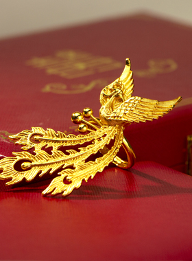 新款高级凤舞九天戒指拉丝古法凤凰婚嫁仿金戒指结婚三金五金道具