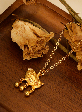 古法沙金猪猪项链女款锁骨链