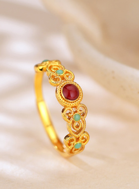 镀黄金色珐琅花丝戒指鎏金高级感