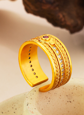 仿黄金色花丝镶钻祥云戒指复古