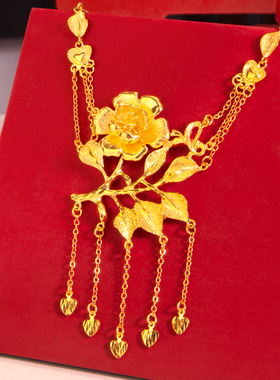 新中式仿金立体桃花新娘项链套装