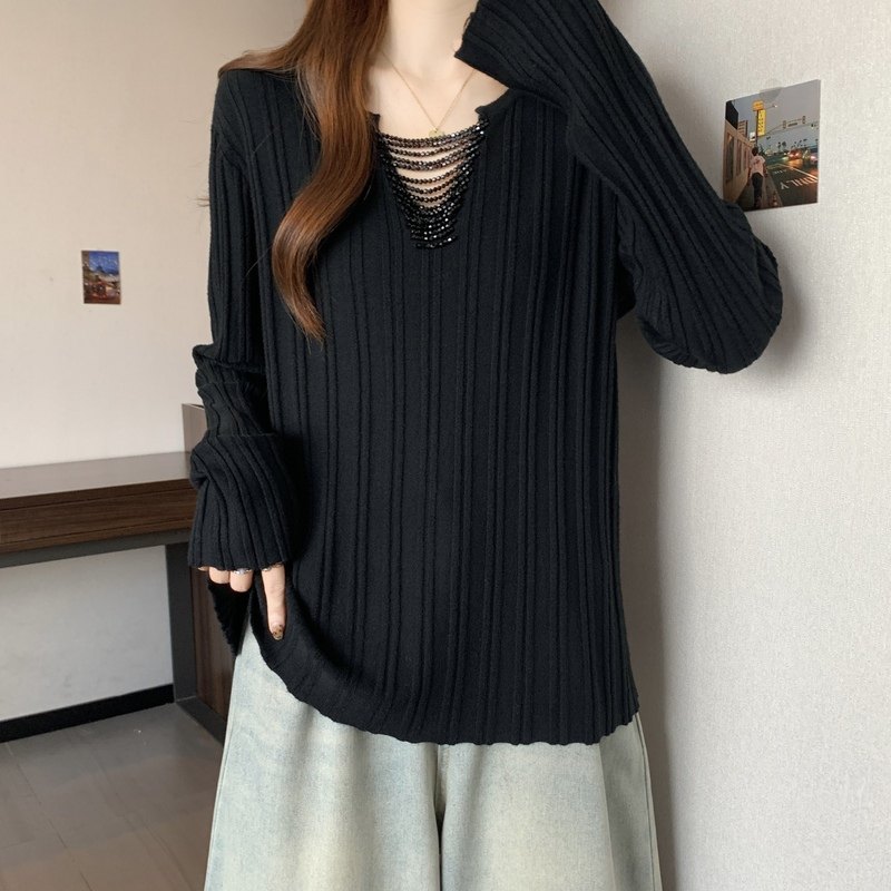 大码女装设计感串珠v领长袖针织衫秋冬胖mm宽松显瘦遮肉打底毛衣,淘宝优惠券,粉丝福利购,淘宝优惠卷