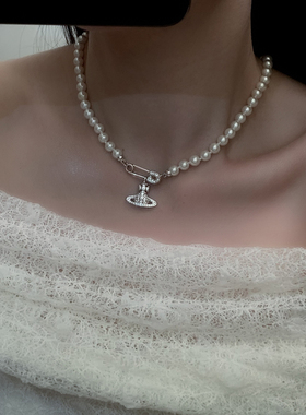土星珍珠项链韦雪同款别针项链