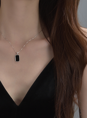 925纯银项链女轻奢小众黑色方牌2021年新款潮ins风高级感锁骨链