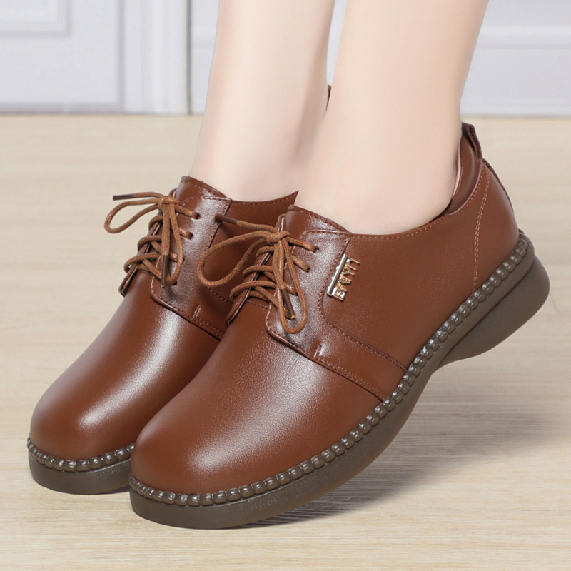 黑色皮鞋女2025新款真皮系带深口单鞋软皮软底妈妈鞋大码41春鞋43,淘宝优惠券,粉丝福利购,淘宝优惠卷